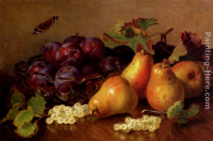 Still Life With Pears, Plums In A Glass BowlAnd White Currants On A Table painting - Eloise Harriet Stannard Still Life With Pears, Plums In A Glass BowlAnd White Currants On A Table art painting